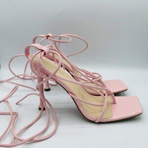 Top Moda Shoes Womens Size 7.5 Pink Stiletto Heels Lace Up Strappy Square Toe